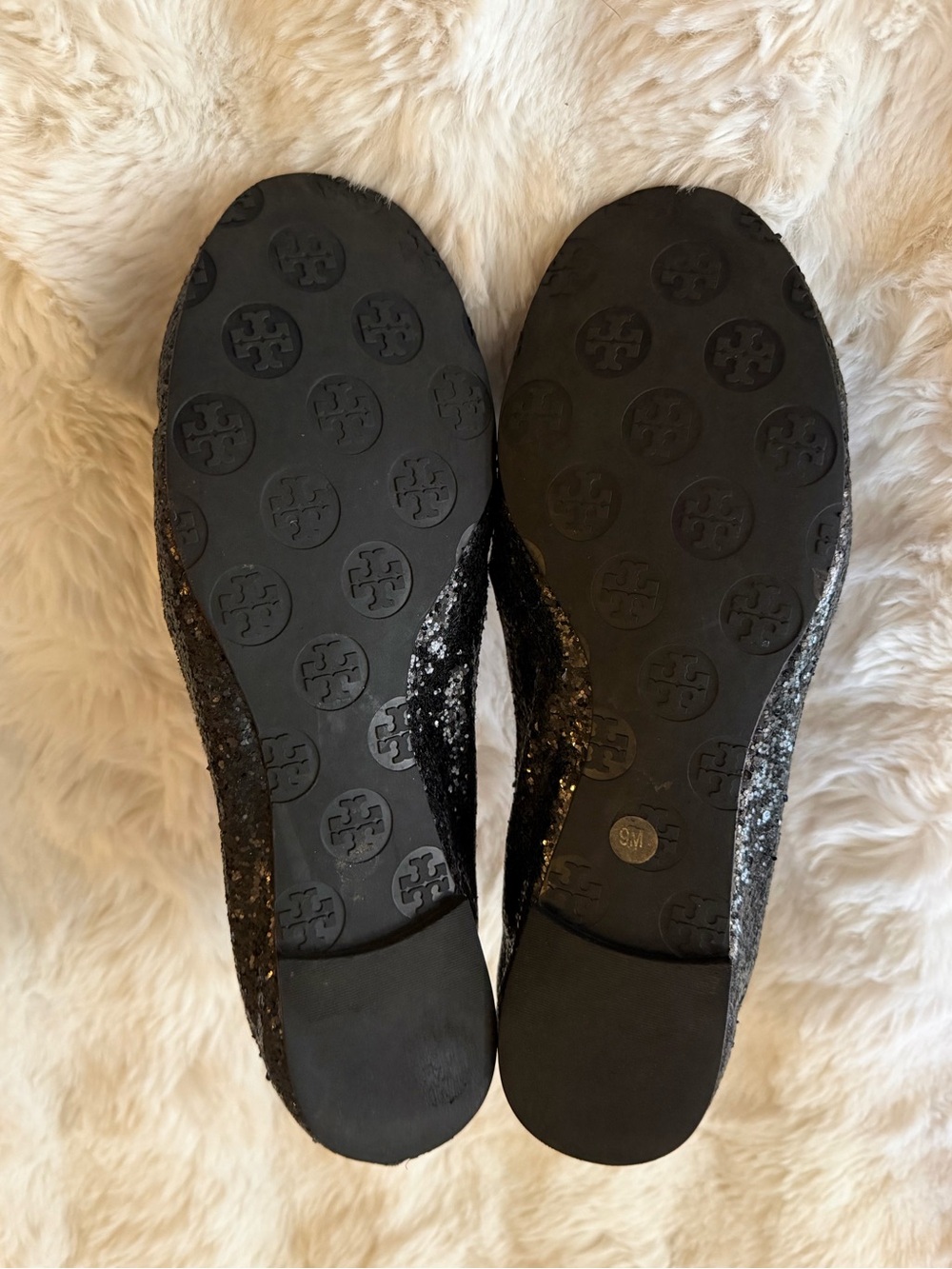 Tory Burch size 9 Black Sequin ballet flats silver TB Logo - Picture 2 of 9